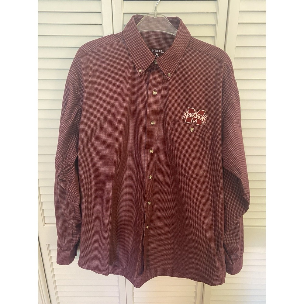 Antigua Check Maroon Gameday Button-Up Shirt Mississippi State Logo Men's M